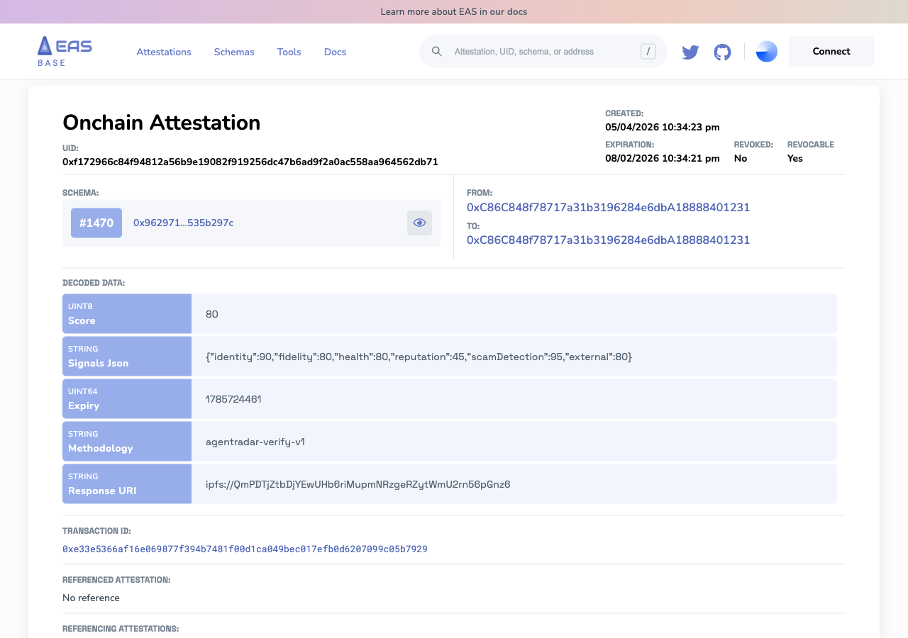 AgentRadar's first mainnet attestation on EAS: score 80, six signals JSON, methodology agentradar-verify-v1, IPFS evidence URI